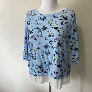 Women’s Talbots Plus 1X 60% Cotton Blue Butterfly 3/4 Sleeve with Satin Detail